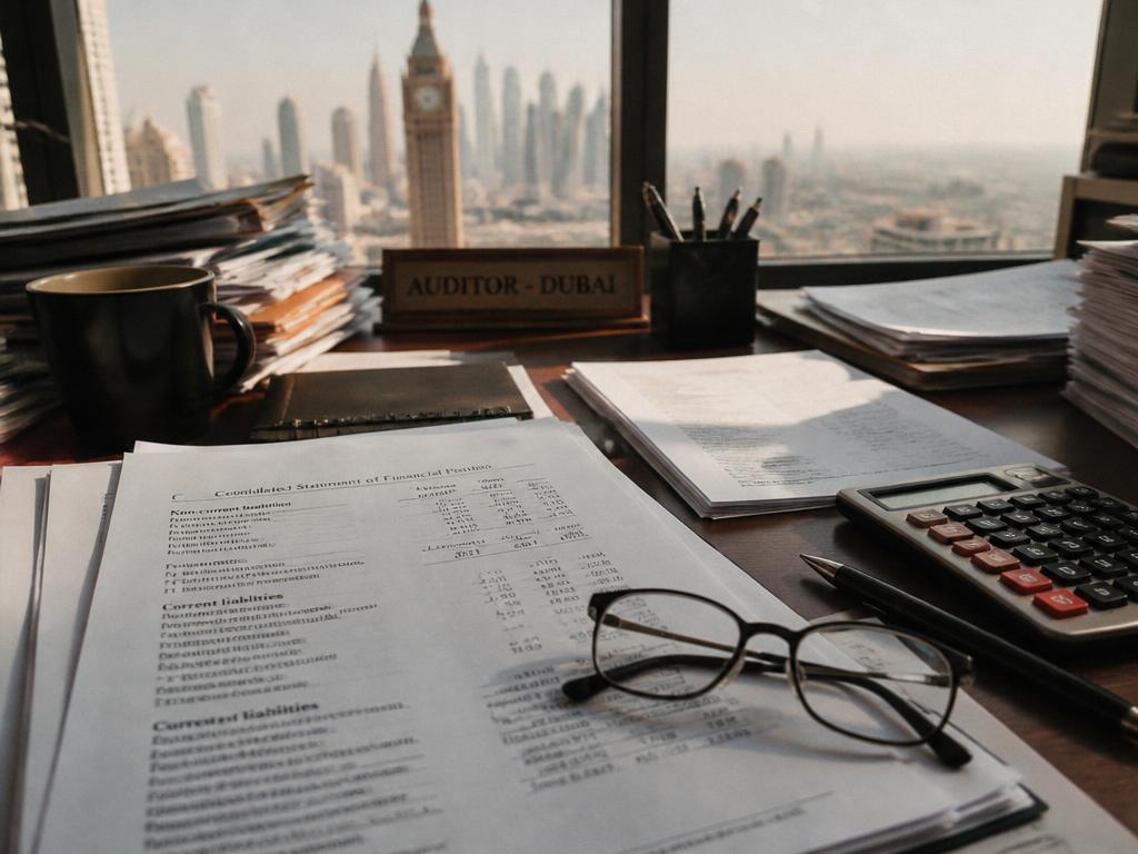 Auditor's desk with financial statements and Dubai skyline