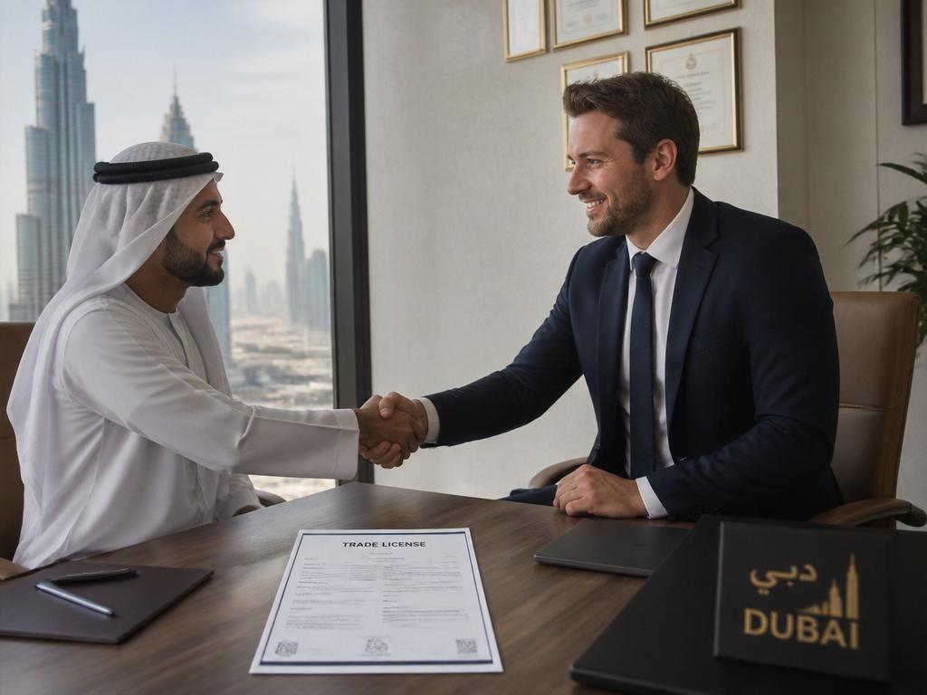 Handshake over a Dubai trade licence document