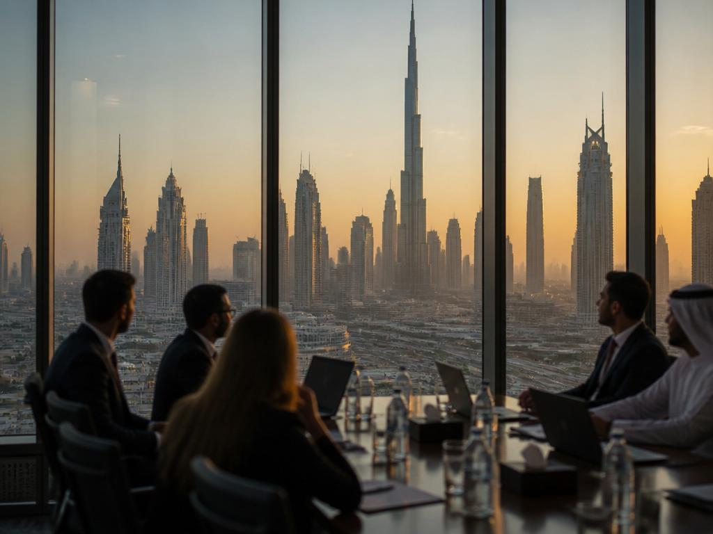 Corporate boardroom overlooking Dubai skyline at sunset