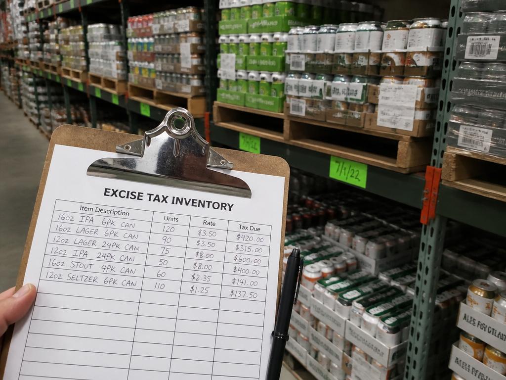Warehouse shelves with excise tax inventory clipboard