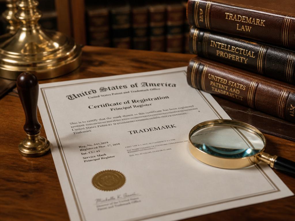 Trademark certificate with brass stamp and law books