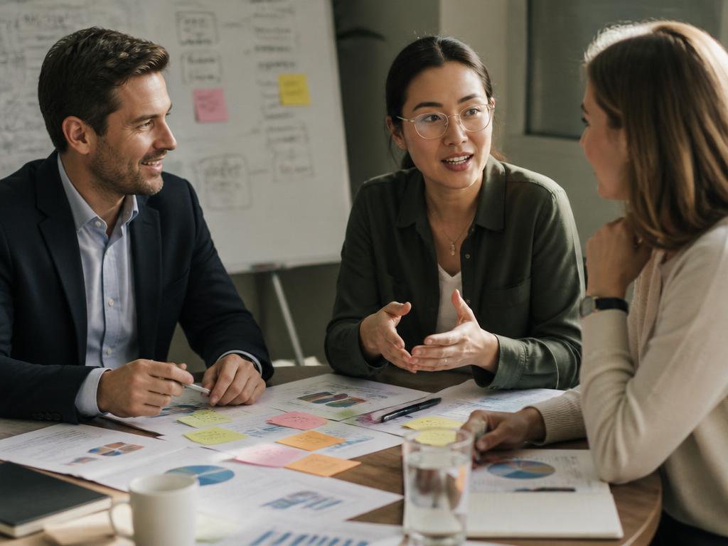 Business strategy meeting with charts and sticky notes