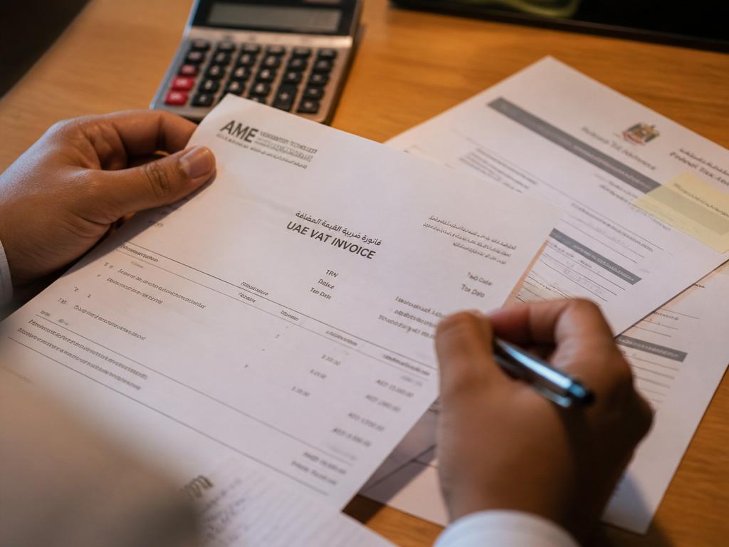 Hands reviewing UAE VAT invoice and tax documents
