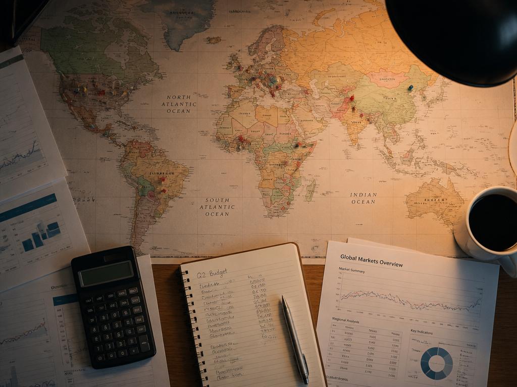 World map with pinned locations and financial reports