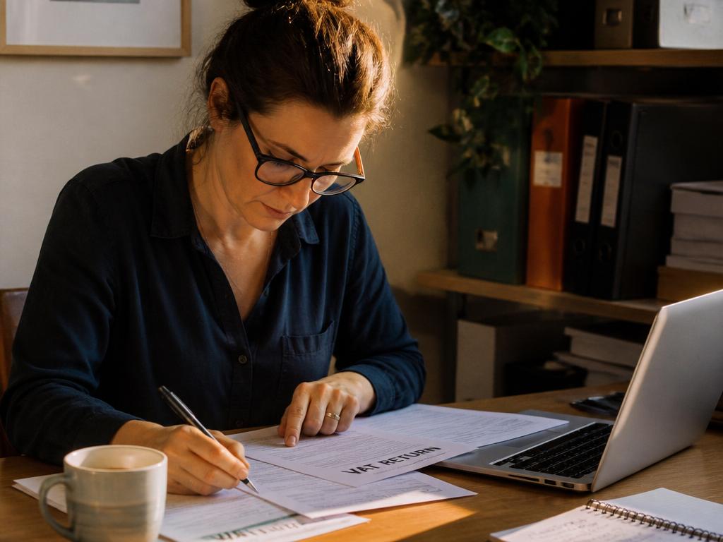 Accountant filling in a VAT return form at a desk